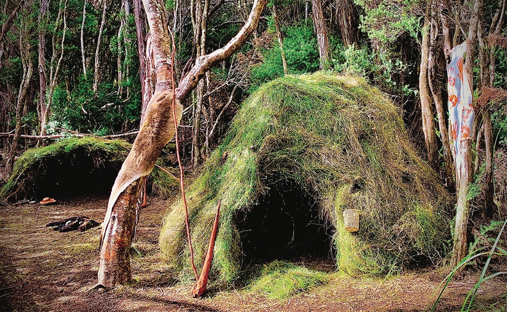 Two grass huts beside a tree. The tree has a wallaby skin draped over its trunk.